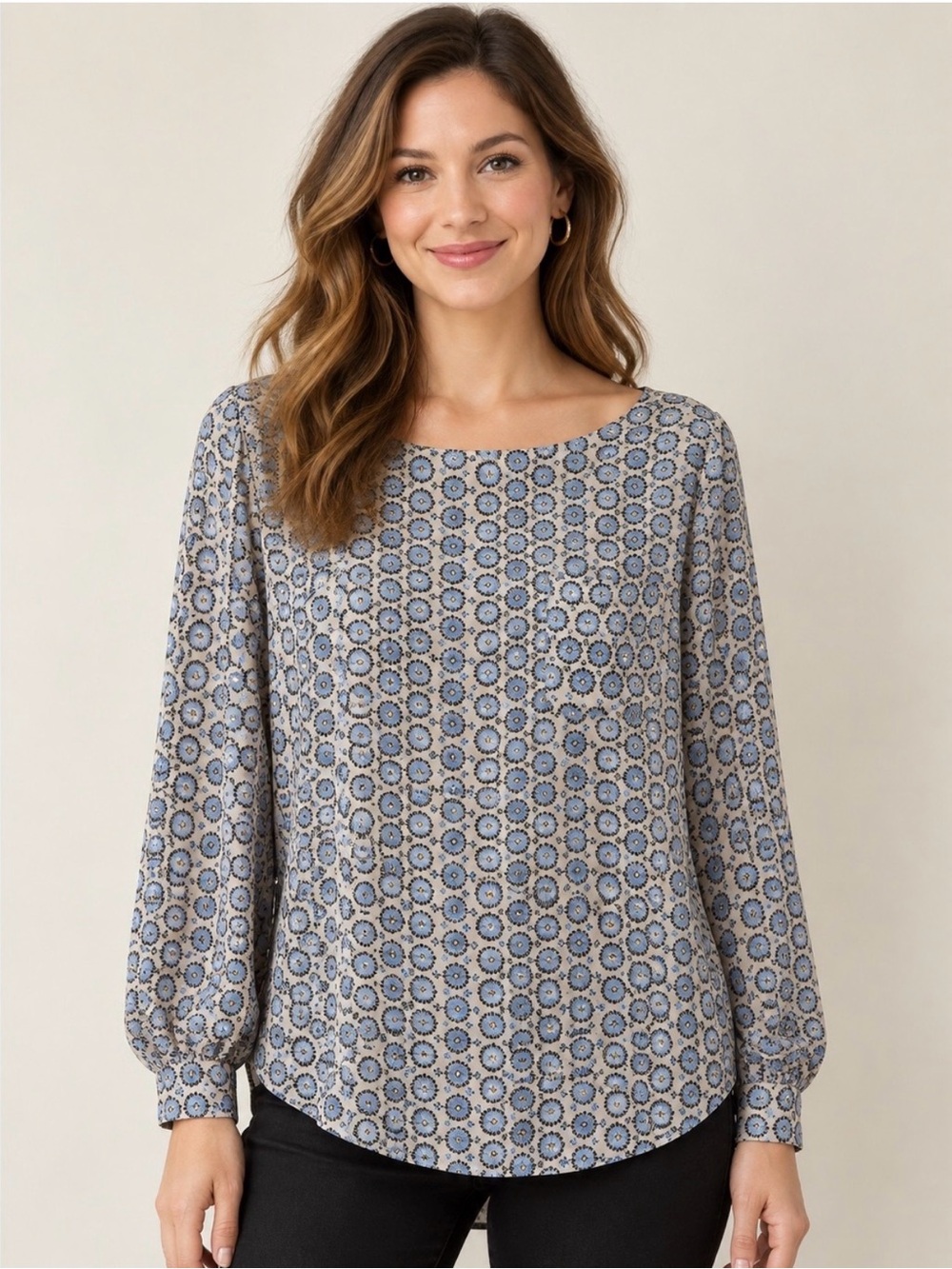 LOFT Blue Beige Geometric Print Long Sleeve Blouse Large